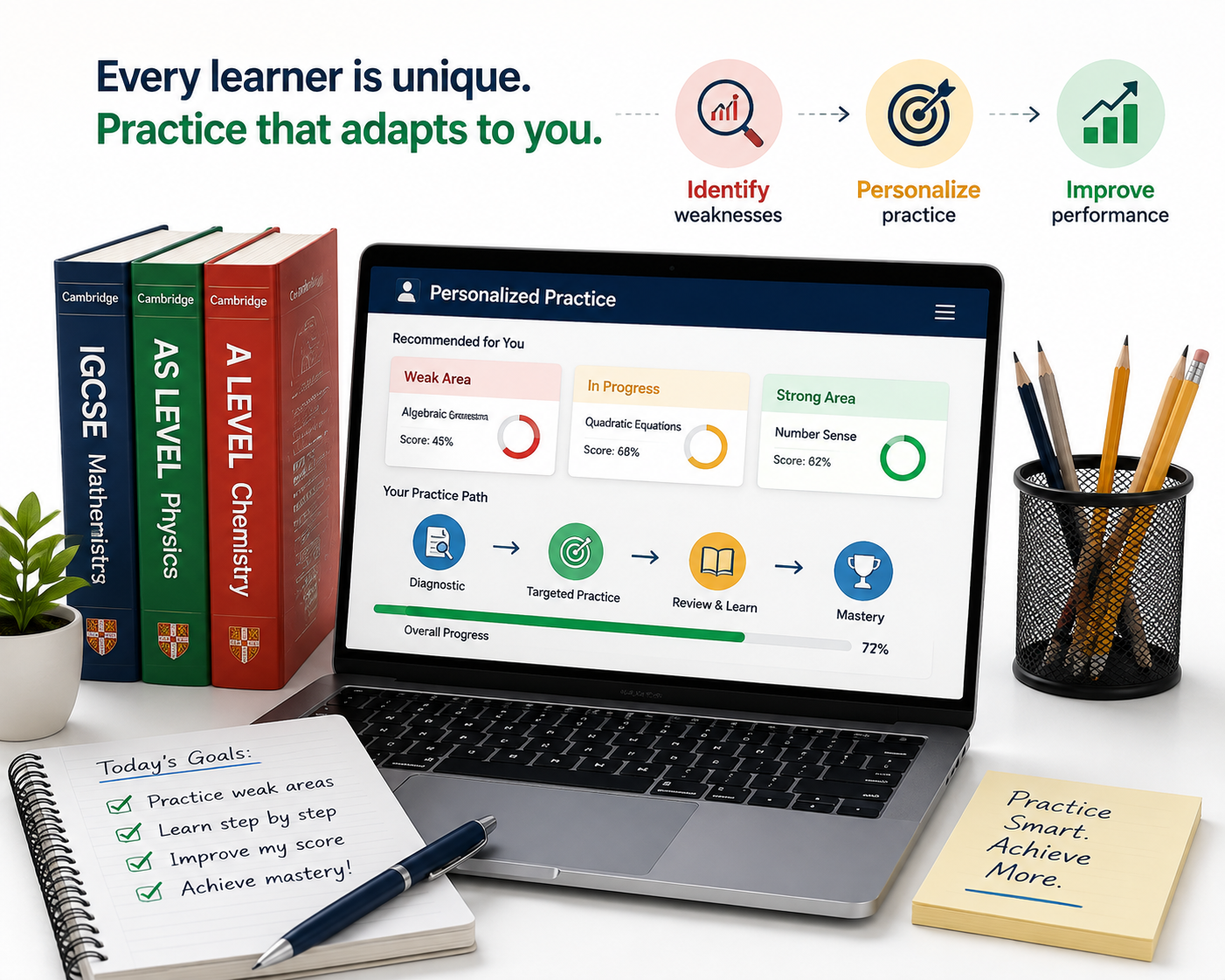 Adaptive personalised practice dashboard for Cambridge Mathematics and Sciences