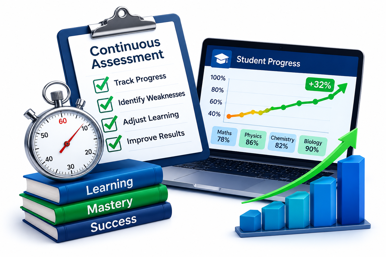 Student continuous assessment analytics dashboard showing progress and weak areas
